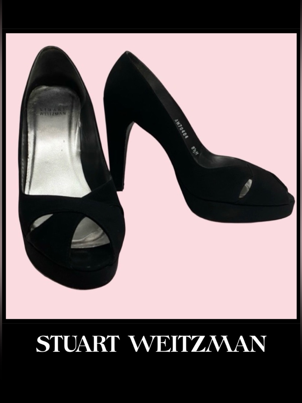 STUART WEITZMAN  Black Peau de Soie Platform Heel Peeptoe Pump Shoe 8-1/2M